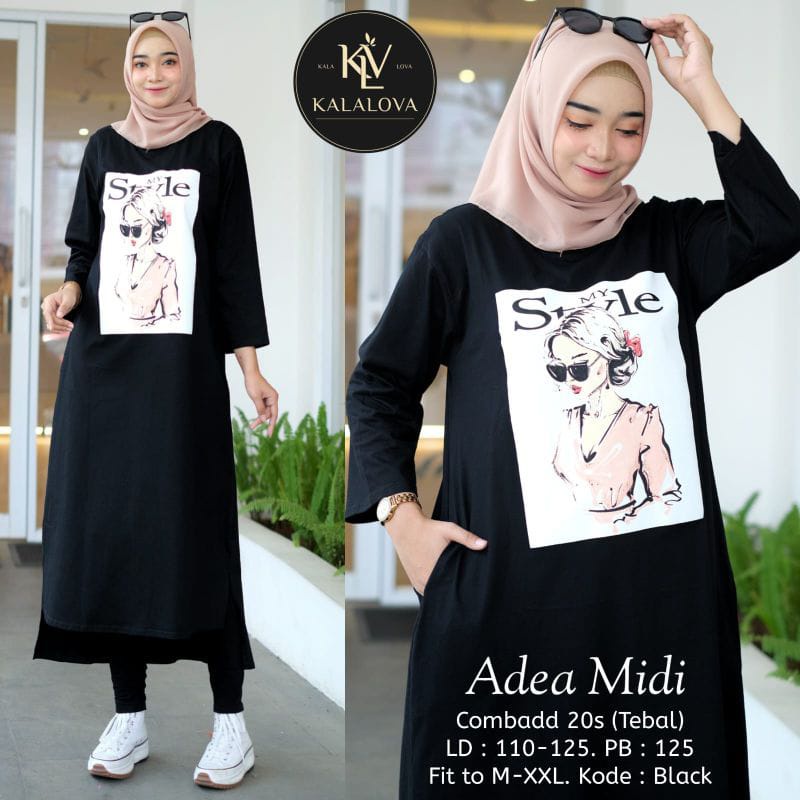 ADEA MIDI DRESS BAHAN KAOS KATUN COMBED 23s APLIKASI SABLON  LD 100 - 120 CM UKURAN S M L XL XXX MIDI DRESS LEBARAN TERBARU 2023 KEKINIAN DRESS HITAM JUMBO LONG TUNIK KOREAN STYLE