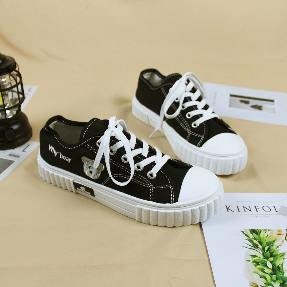 Sepatu Sneakers Korean Style Boyscode Why Bear Pendek Hitam Abu / Sepatu Korea Kanvas Beruang Black Grey