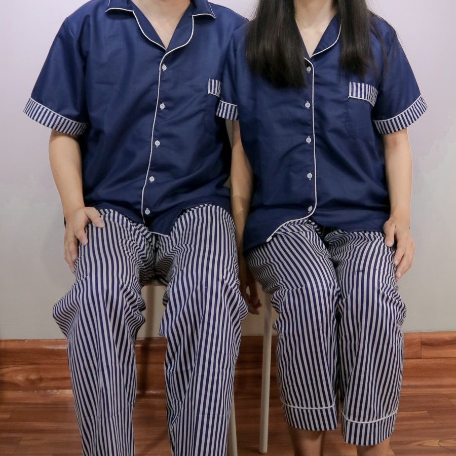 Piyama Katun Couple Navy Sailor Stripes