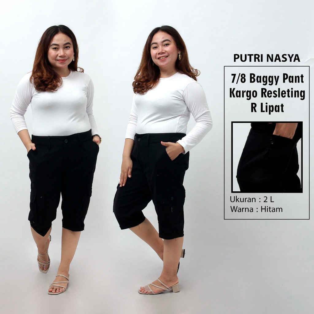 Putri Nasya - Celana Big Size Pendek 7/8 Kargo Ukuran 8L, 6L, 5L, 4L, 2L, XL, S fit to L Warna Moca Capucino Cream Hitam Abu Tua Muda