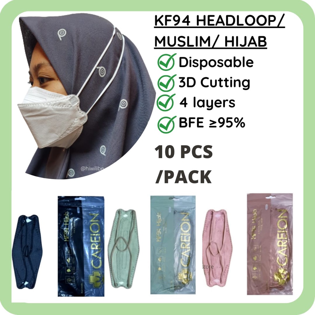 HWLB MASKER HIJAB HEADLOOP MUSLIM JILBAB KF94 | isi 10 putih | non medis non surgical