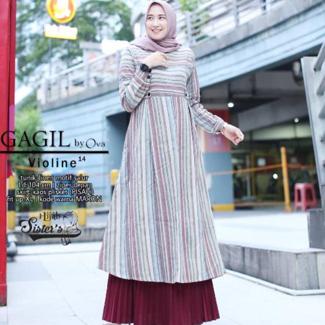 SETELAN ATASAN TUNIK BAHAN LINEN SALUR DAN ROK PLISKET | ZIPPER DEPAN AKSES BUSUI | ORI BY GAGIL
