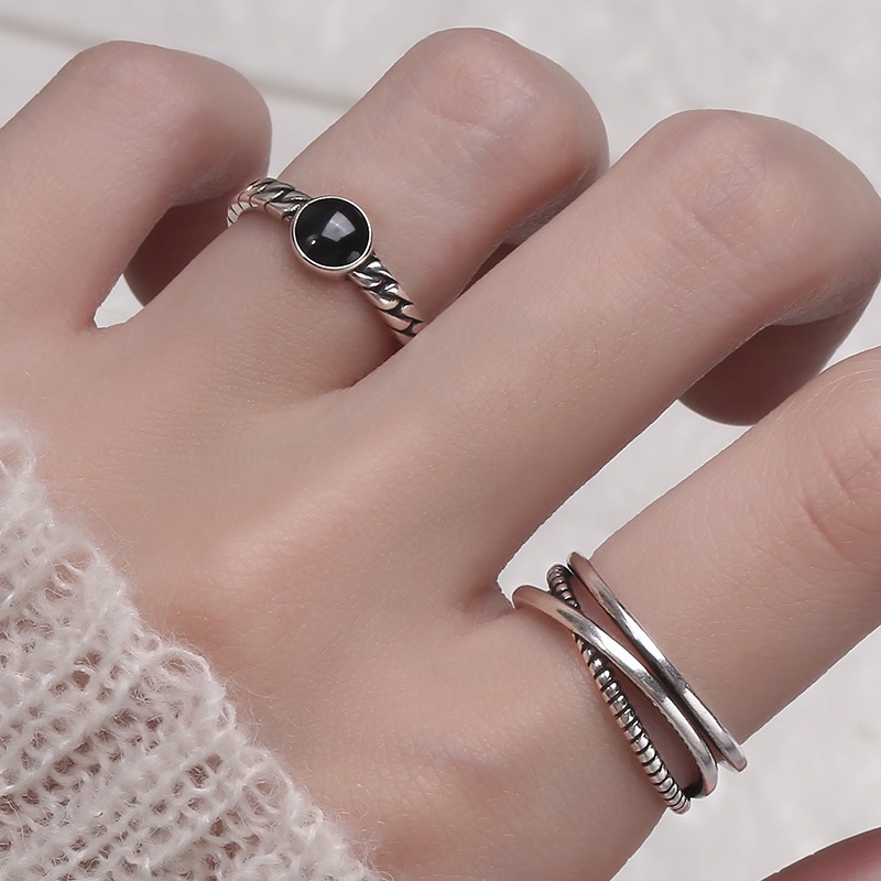 Double Layer Hip-hop Ring Korean Retro Simple Cross Personality Wild Black Stripe Opening Adjustable Ring Fashion Hello Girl Jewelry