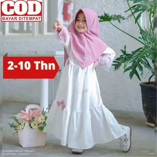 Gamis Putih Anak Perempuan Set Jilbab Modern 2022 Umur 3 - 11 Tahun Baju Muslim Putih Anak Gamis Mus