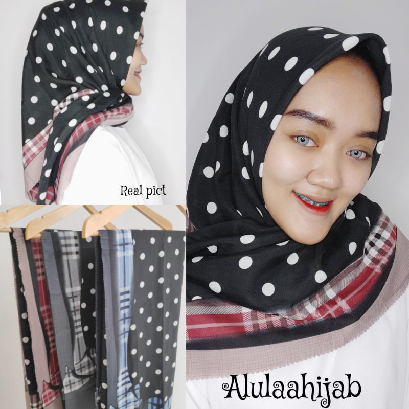 Kerudung vanilla hijab jilbab leopard love rantal polkadot / vanilla hijab segiempat voal motif vanilla chain / deenay kw button kw lasercut-Polka pita merah