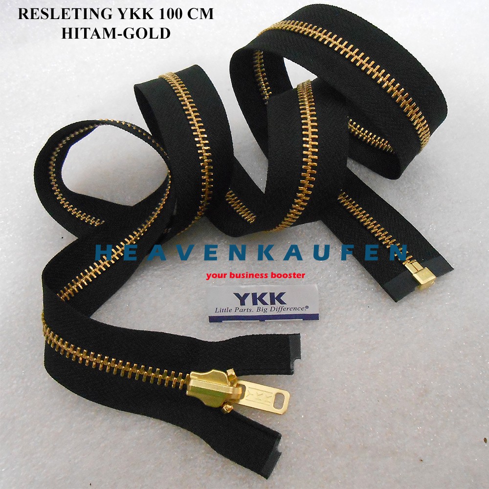 Resleting Zipper YKK Type Gigi Besi 100 cm Atau 1 Meter Warna Hitam - Gold Emas Bolak Balik