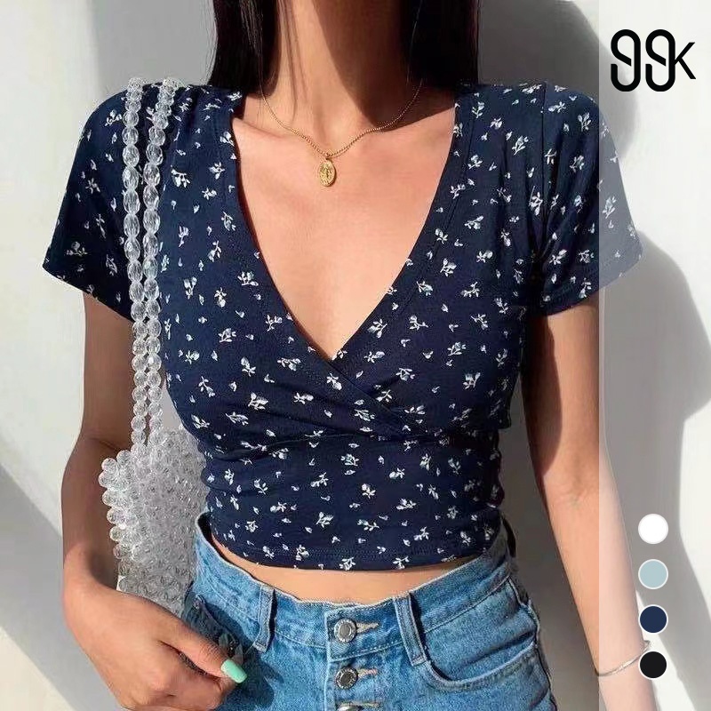 Korean V Neck Short Sleeve Floral Crop Tee Top 2521 (S-L)