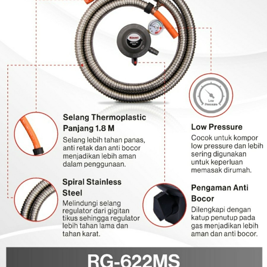 Selang Regulator Gas RINNAI Meter RG 622MS 622 MS RG622MS Premium Qlty