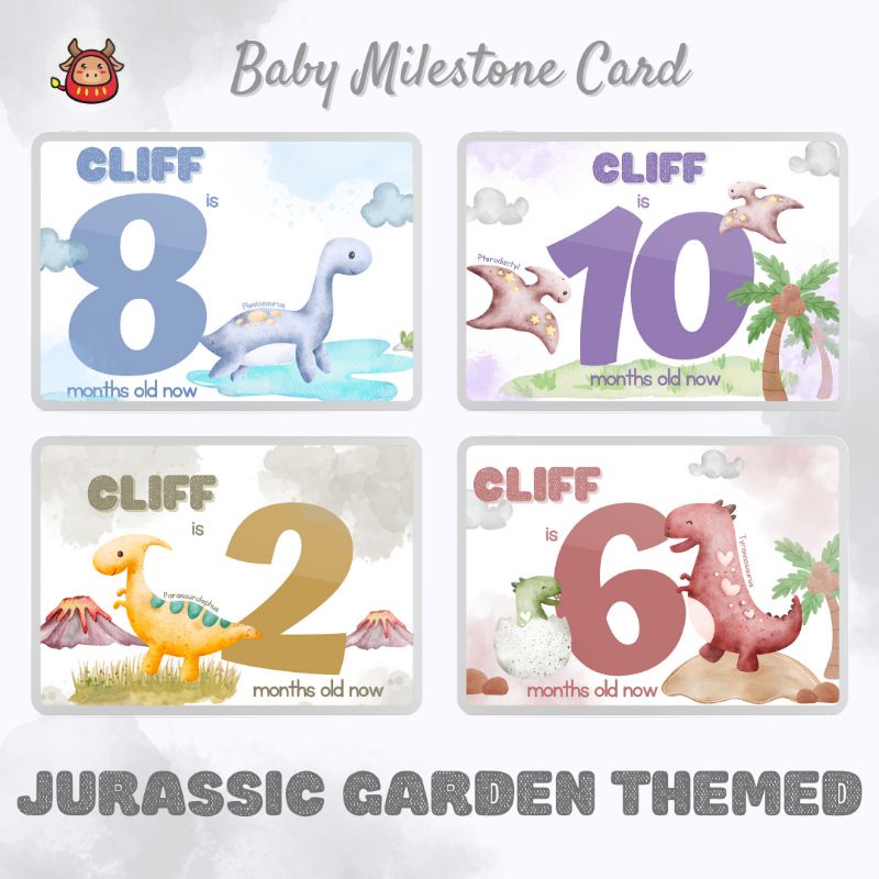 Baby Milestone Card Premium Baby Boy Jurassic Garden Dino themed Kartu Selfie Bayi