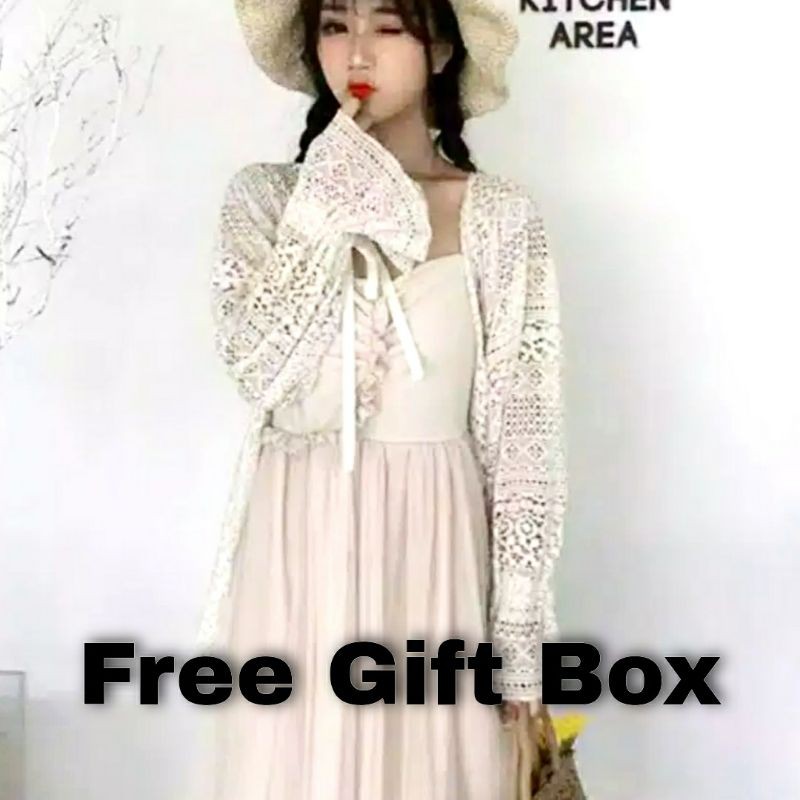 Lace Outer Etnik Aghnia Style (Free Gift Box) Bohemian Lengan Panjang broken white apricot
