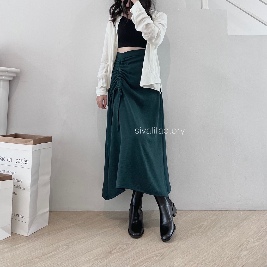 Tamara Skirt - Rok Serut Casual Flowy - Midi Maxi Ruched Skirt - Rok Wanita Korean Look-Forest Green