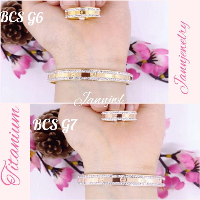 Gelang bangle set+cincin G6-G7 asli titanium anti karat UK 6cm