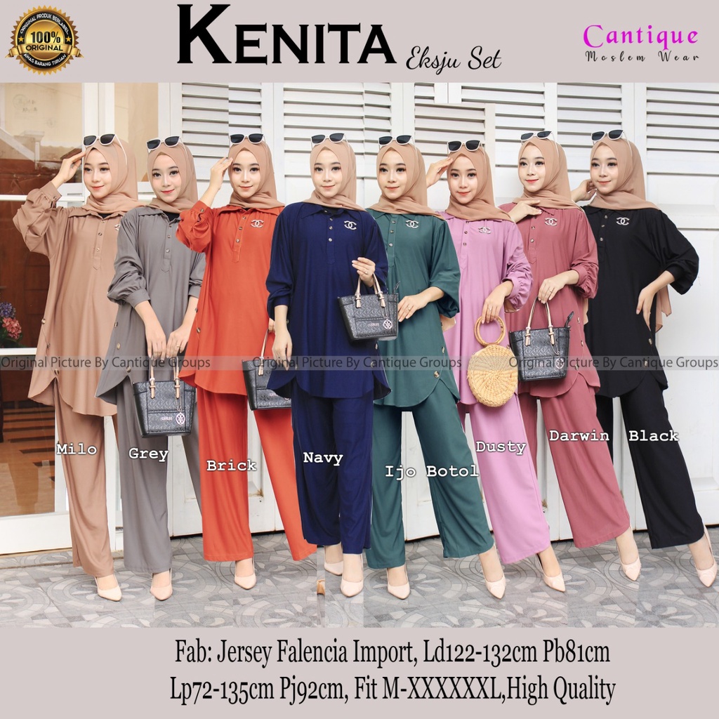 KENITA EKSJU SET BY CANTIQUE SETELAN ONE SET SETCEL TUNIK PANTS JUMBO CASUAL WANITA POLOS BAHAN JERS
