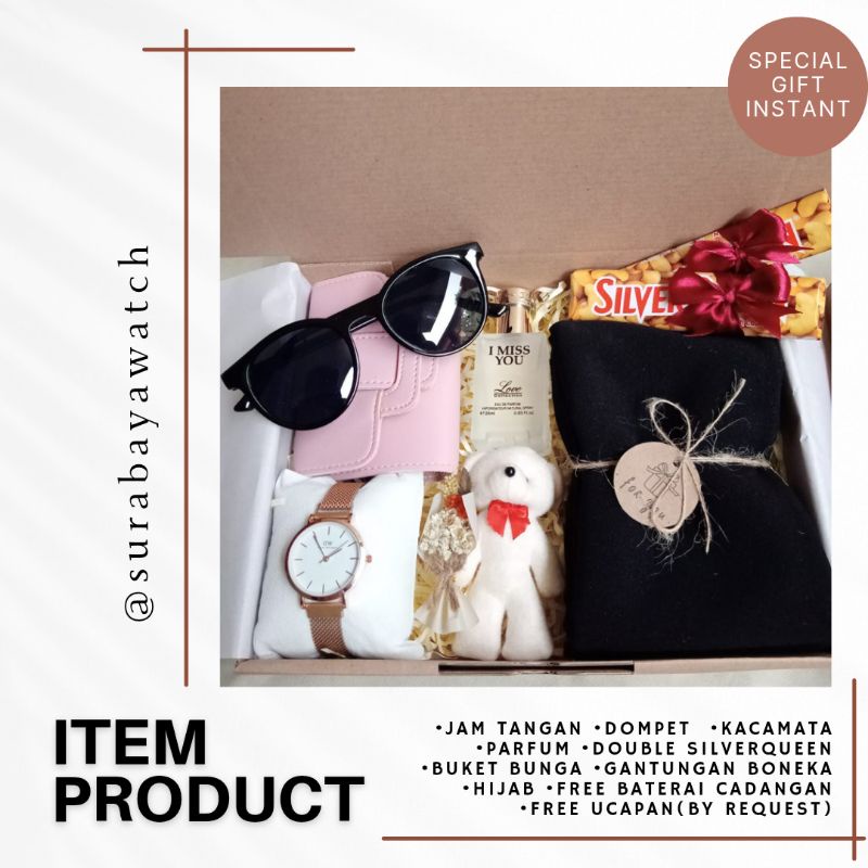 GIFT BOX ULANG TAHUN DOMPET CEWEK HAMPERS SPECIAL UCAPAN Paket Kado Jam Tangan Rantai Pasir Wisuda Pashmina Hijab Kacamata Hitam Parfum Love In Collection Buket Bunga Kering Mini Gantungan Tas Kunci Boneka Graduation Anniversary