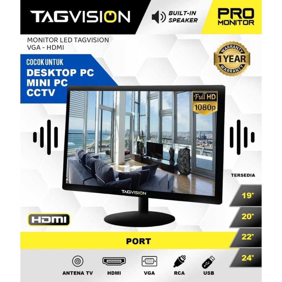 Monitor Led TV TagVision 22&quot; Built in Speaker 5ms Port HDMI / VGA / USB