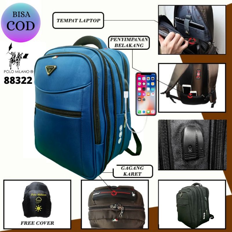 Tas RANSEL POLO MILANO USB 18 INCH 88332 Tas Pria RANSEL IMPORT RANSEL LAPTOP RANSEL ANTI AIR RANSEL FREE USB AND RAINCOVER