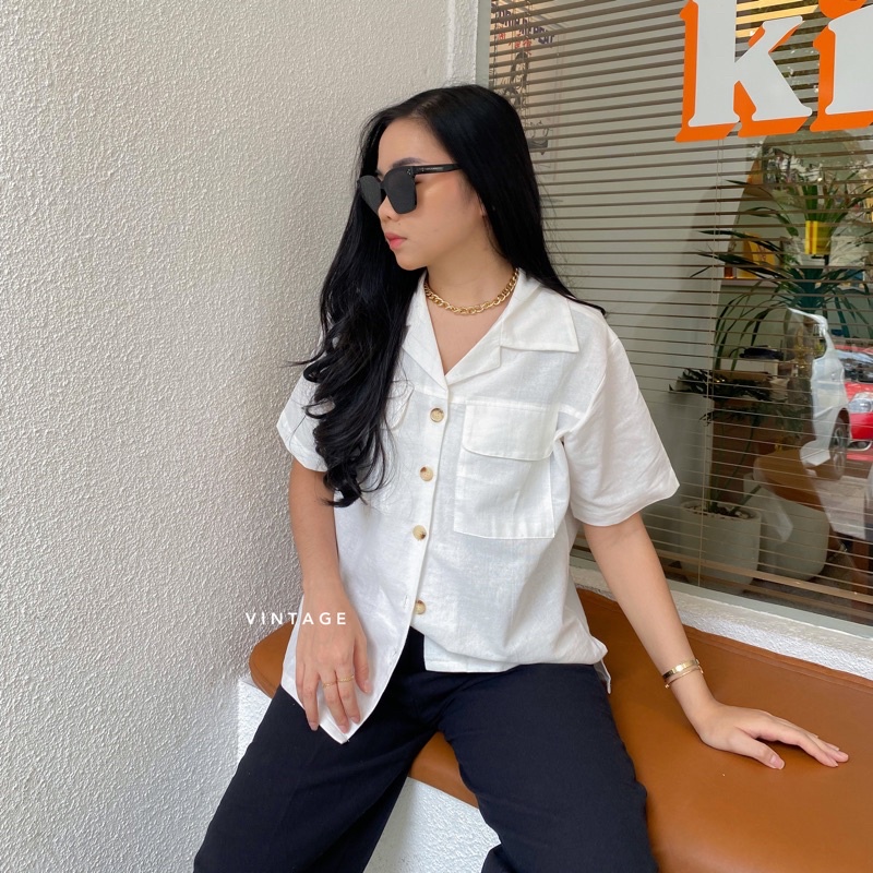 KEMEJA WANITA CASUAL POCKET TOP KEMEJA WANITA POLOS BASIC MURAH-White