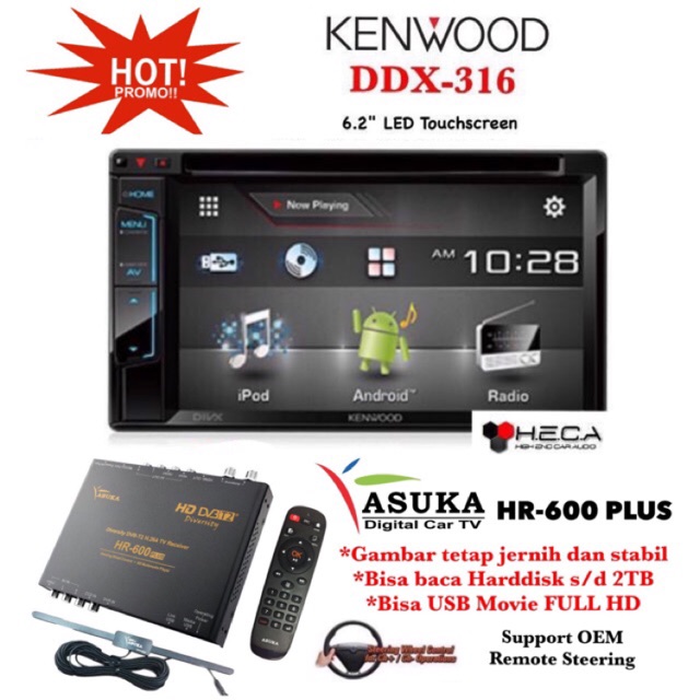PAKET PROMO Kenwood DDX-316 Head Unit Double Din Tape Mobil & ASUKA HR-600 TV Tuner Digital