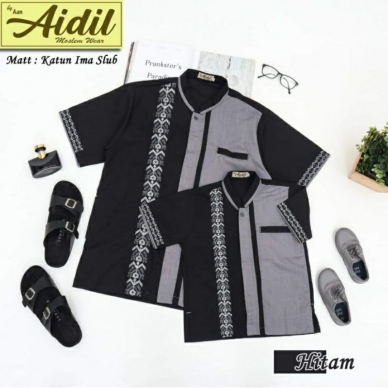 Koko Couple Aidil Ayah Anak Laki Laki Terbaru Lengan Pendek Bordir Hitam