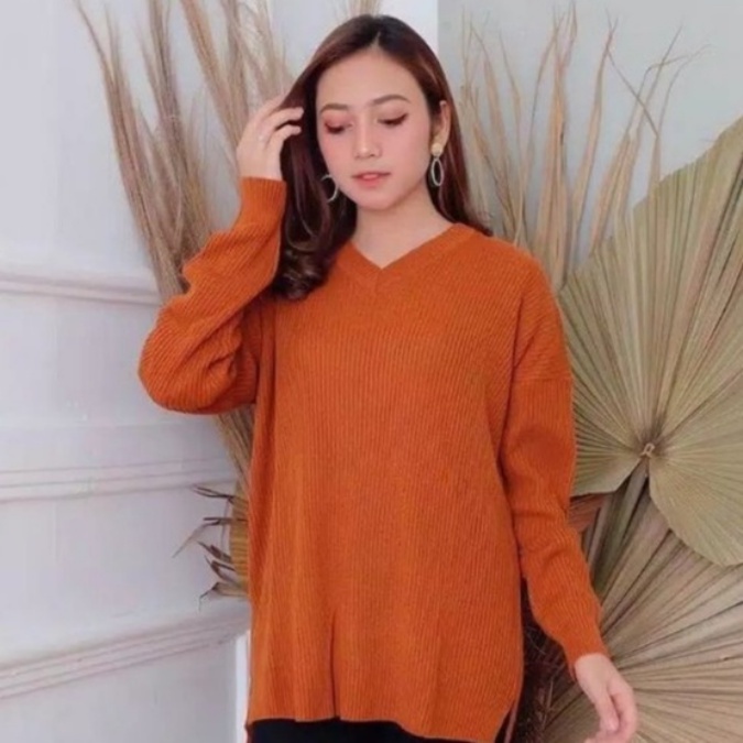 Viona Vneck Boxy Rajut Sweater Atasan wanita