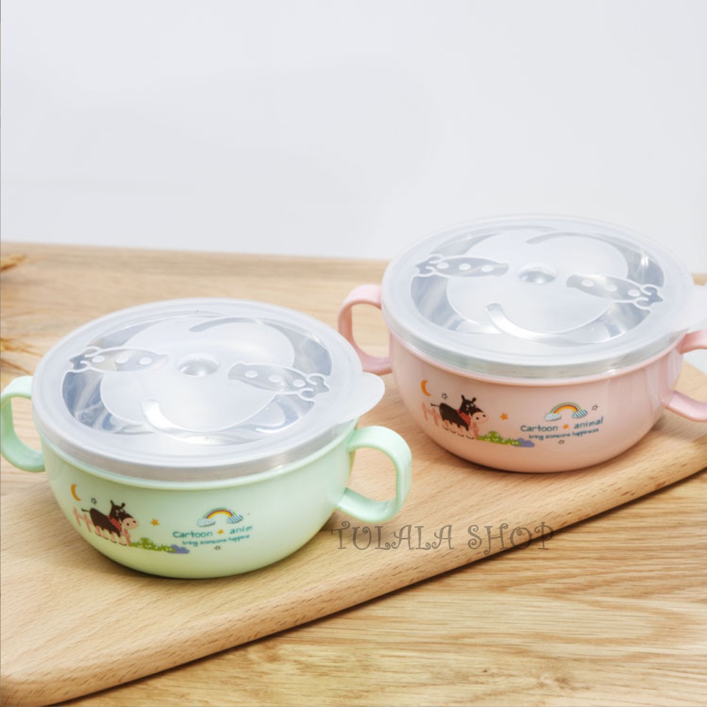 [TULALA SHOP]Kids Feeding Bowl Stainless Steel Spoon Mangkuk Bubur Makan Sup Sendok Karakter Bayi Anak/Set Mangkuk Sup Bahan Stainless Steel Anti Jatuh Dan Anti Panas Dengan Tutup Telinga Ganda Untuk Anak