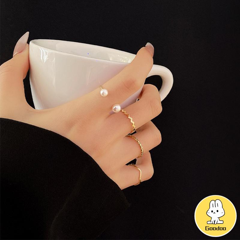 4 Pcs/set Korea Cincin Emas Untuk Wanita Sederhana Mutiara Elegan Cincin Set Dapat Disesuaikan Terbuka Perhiasan Hadiah -Doo