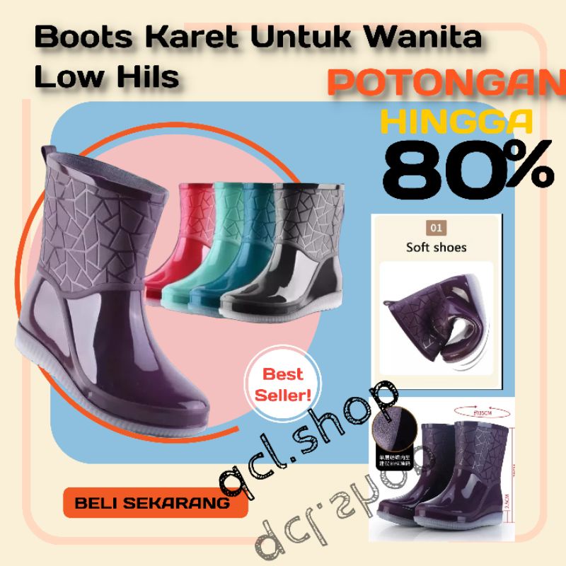 Sepatu Boots Wanita Anti Air Low Hils Warna ungu hitam dan coklat