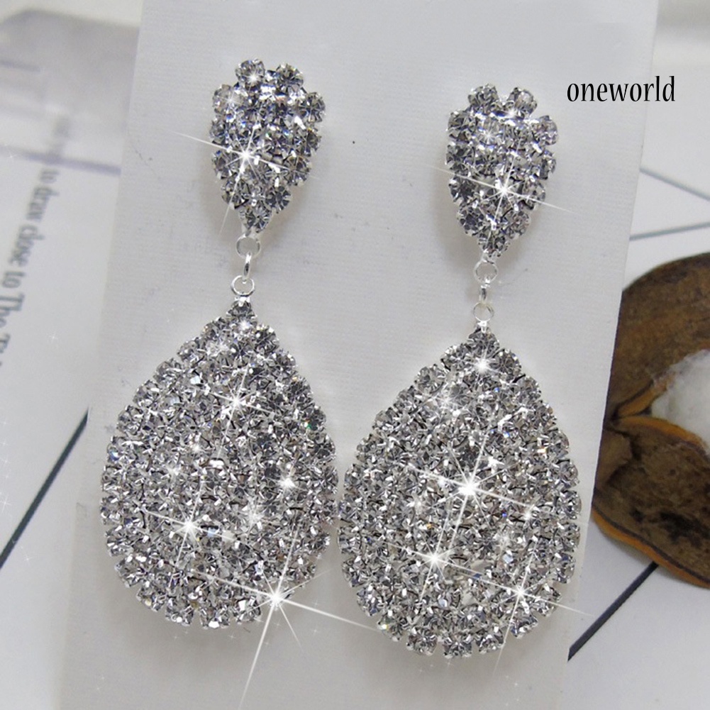 OW@ Women Fashion Rhinestone Waterdrop Dangle Stud Earrings Wedding Party Jewelry