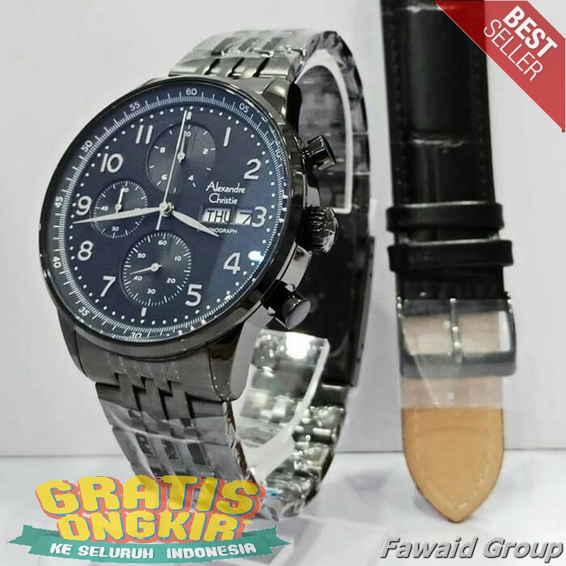 Best Seller Jam tangan Pria ALEXANDRE CHRISTIE AC 6492 PRIA FULL BLACK BONUS LEATHER ORI