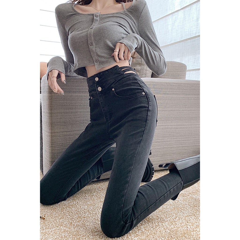 Rasa Baru Hollow Pinggang Tinggi Pelangsing Jins Ketat Stretch Pensil Skinny Celana Wanita