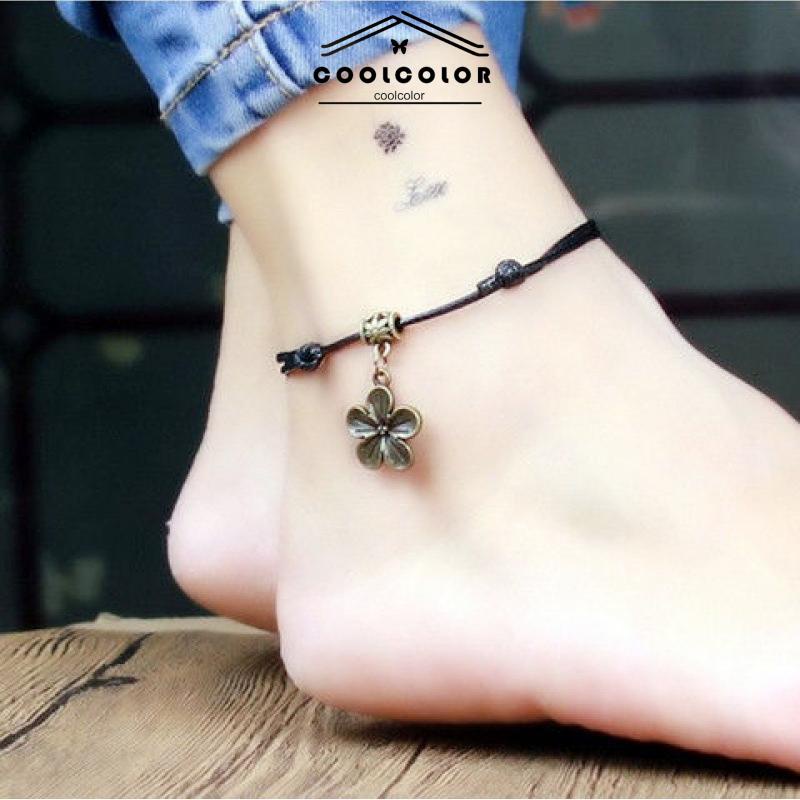 COD❤️Gelang Kaki Hitam Tali Lilin Dikepang Retro Mori Kepribadian Fashion Pentagram Jewelry Aksesoris Wanita Murah Import