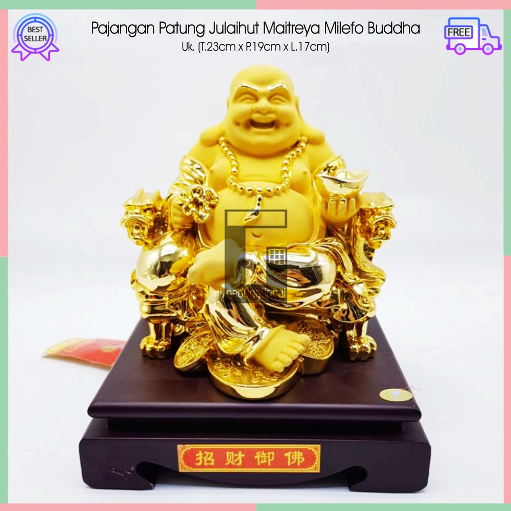 Pajangan Patung Hiasan Dekorasi Dewa Budha Buddha Julaihut Maitreya Matreiya Matreya Milefo Mi Le Fo Tertawa Hoki Rejeki Keberuntungan Yenpao Yuanbao Kantong Duit Uang Emas Meja Altar Hio Sembahyang Sembayang Hadiah Kado Imlek Sincia Cny 2023 Jumbo Besar