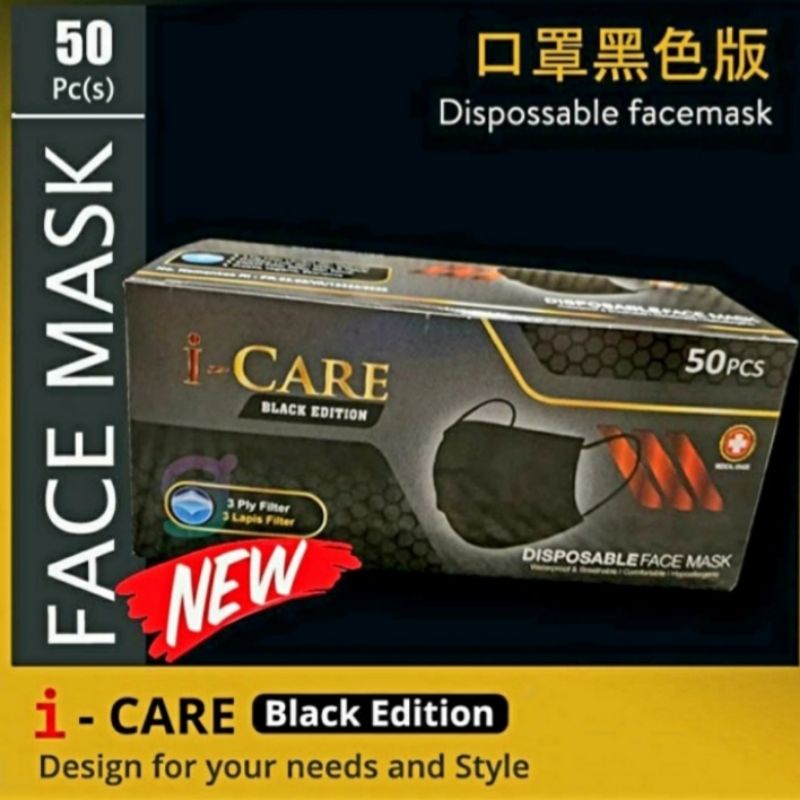 Masker iCare 3ply Black edition (embos dan non embos), Hrg 1box isi 50pcs