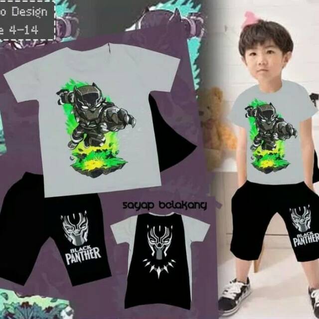 Baju Setelan Anak Laki Cowok London Kids LK Kaos Black Panther Sayap
