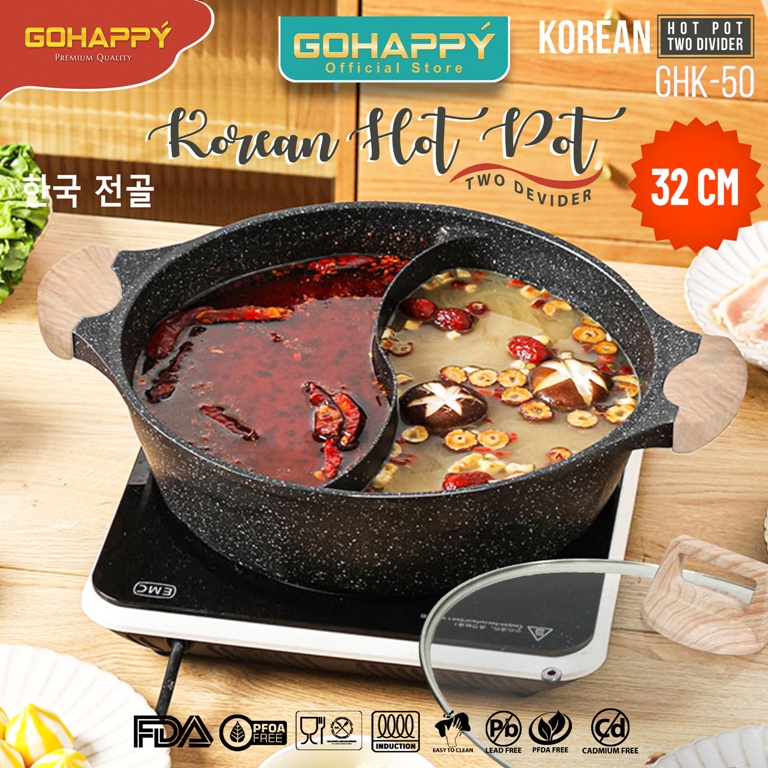 PANCI KUAH HOTPOT / Shabu shabu pan 2 sekat / Steamboat alat pemanggang grill pan dengan kuah GHK50 YIN YANG Free Glass lid