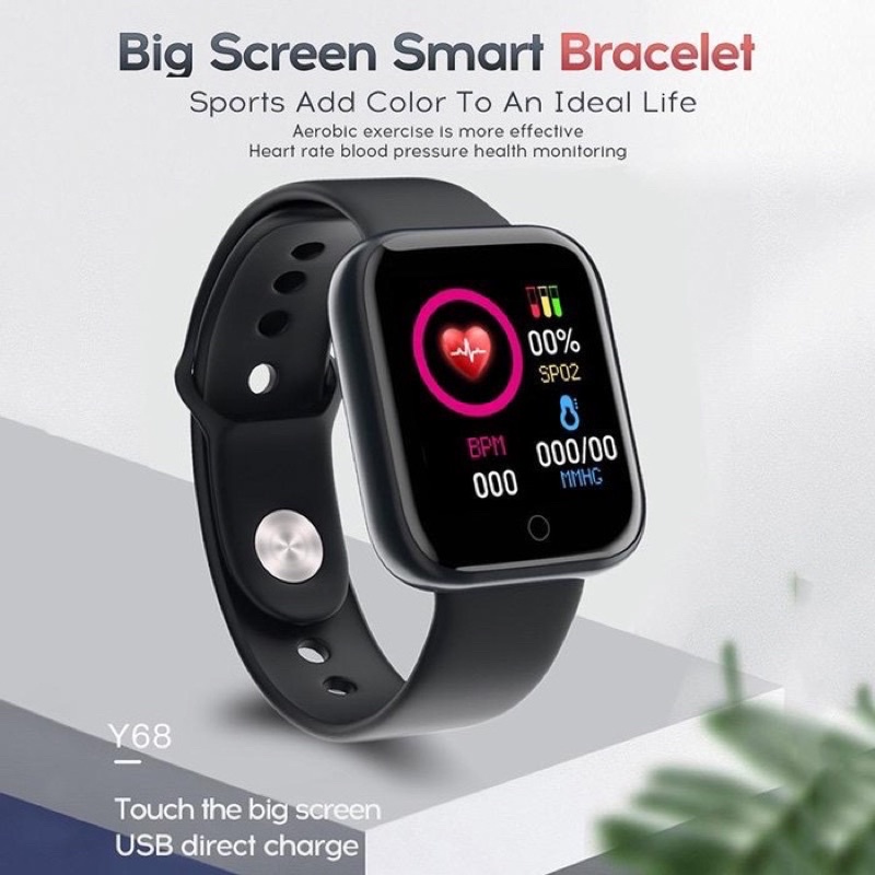 (BEST SELLING) JAM TANGAN SMARTWATCH SMARTBAND Y68 SPORTS WATER PROFF | HEART RATE | BLOOD MONITORING | BIG SCREEN SMART BRACELET