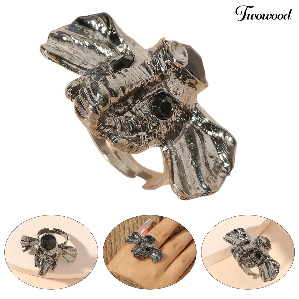 Twowood Cute Vivid Carved Women Ring Silver Color Elephant Head Adjustable Ring Jewelry Accessaries