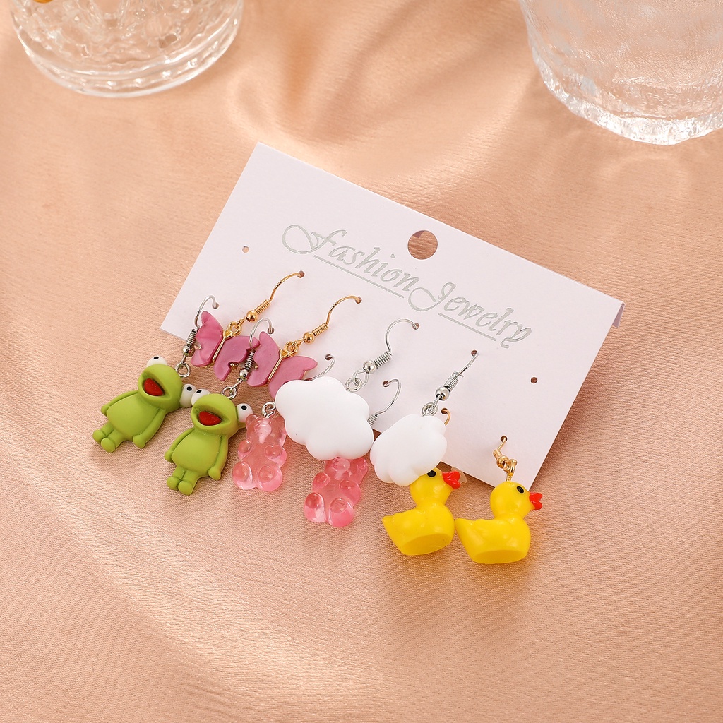 5pcs / Set Anting Desain Kartun Butterfly Frog Bebek Kuning Bahan Akrilik