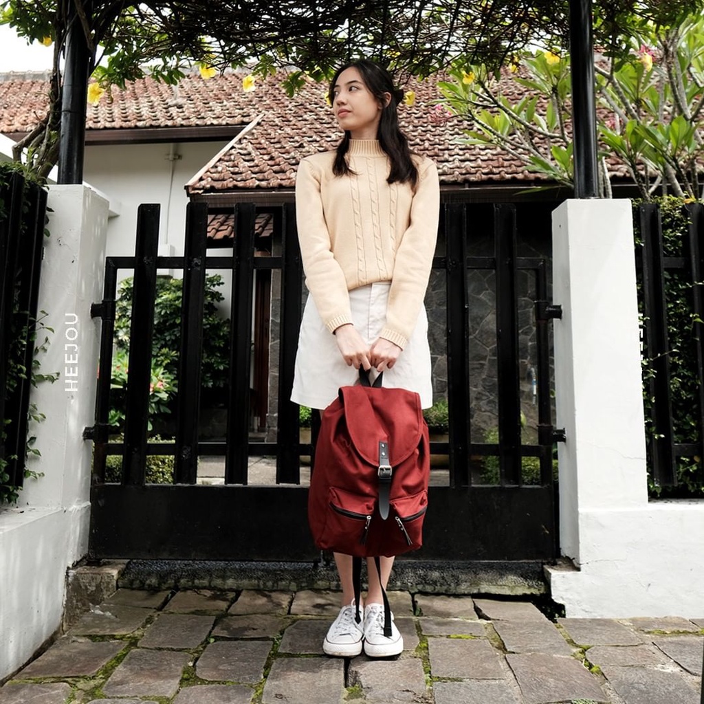 TAS LAPTOP RANSEL KULIAH SEKOLAH KANVAS VINTAGE HEEJOU TRAVELLO MAROON