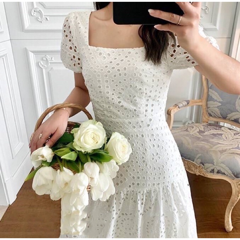 Ginza Dress Korean Eyelet Manis Cantik Casual White Pink