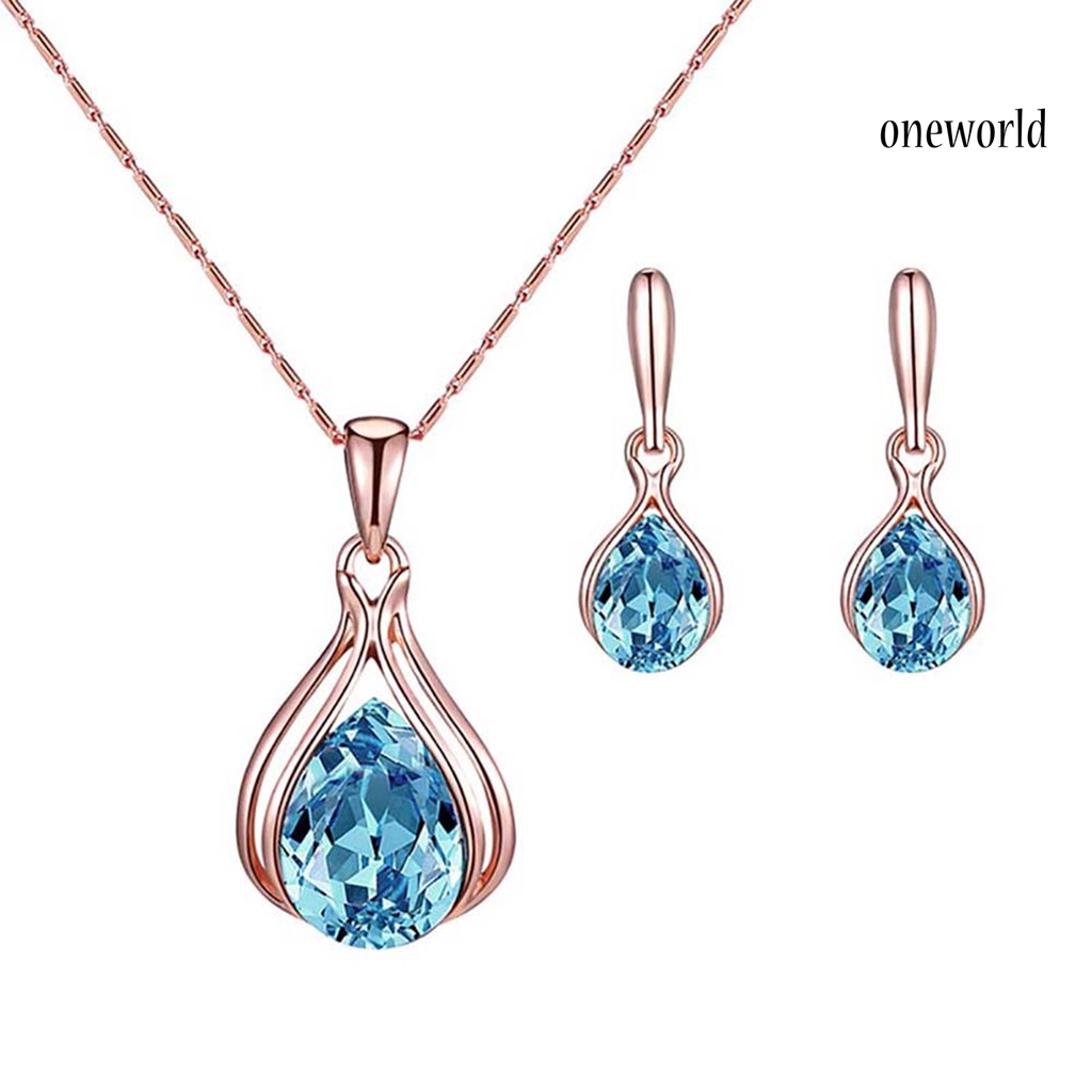 OW@ Women Cubic Zirconia Water Drop Pendant Necklace Ear Stud Earrings Jewelry Set