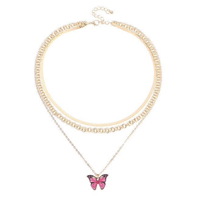 LRC Kalung Fashion Golden Chain Pearl Drop Oil Butterfly Multilayer K45802