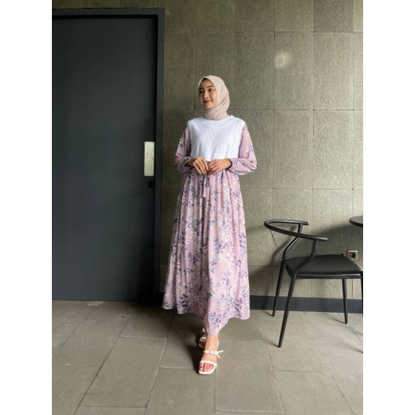 MAURA FLOWER MAXI - GAMIS WANITA SHABBY CHIC MOTIF BUNGA KECIL WARNA PASTEL GREY CREAM LILAC BLACK B
