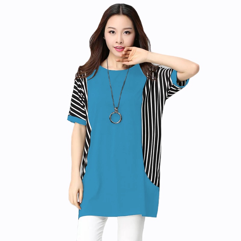 Blouse Tangan Pendek Wanita Gaya korea Kombinasi Salur - XSHOP Carol