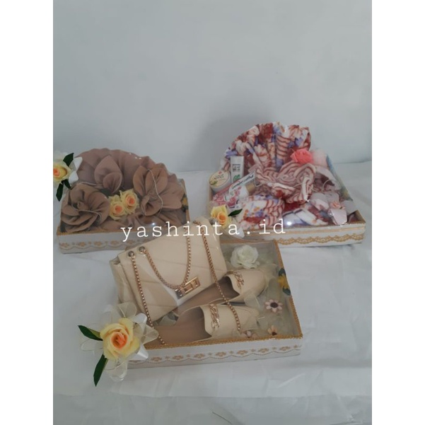 paket seserahan pernikahan 3 box / gamis + tas sepatu+ handuk pakaian dalam /hantaran nikah/ hantara