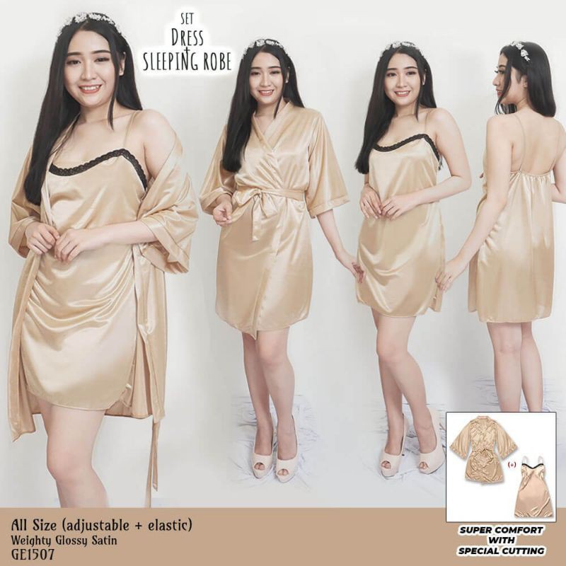 Kimono wanita sexy inner dress pendek outer pendek baju tidur satin allsize gold 1507LGSET