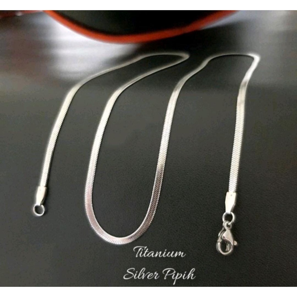 KALUNG TITANIUM PRIA DAN WANITA SILVER ANTI KARAT DAN TIDAK LUNTUR RANTAI GEPENG BELUT