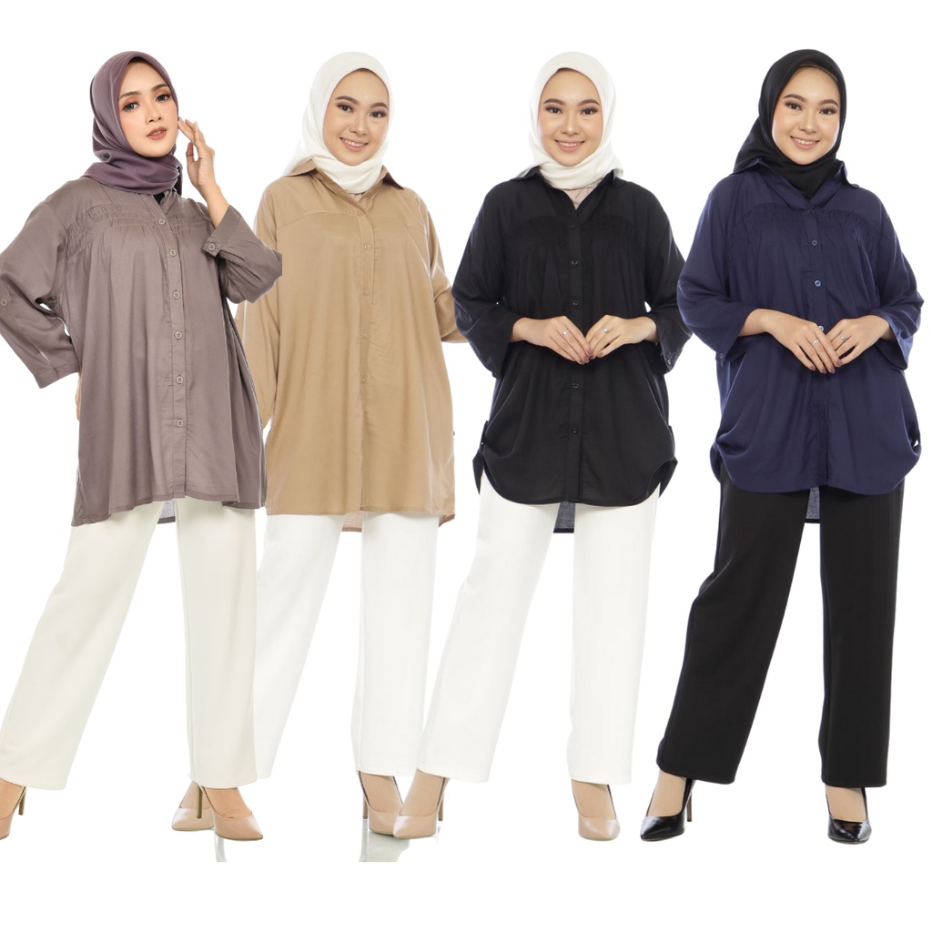 Baju Atasan Kemeja Wanita Adem Katun Rayon, Kemeja Kantor Casual Polos 3L