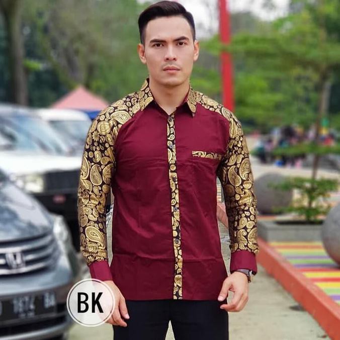 PRODUK READY... KEMEJA BATIK PRADA KOMBINASI BK - BATIK PRIA LENGAN PANJANG MARUN - MAROON, XL