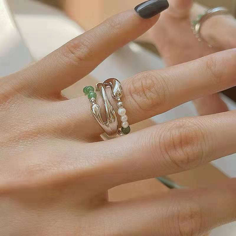 Cincin Multilayer Hias Mutiara Hijau Gaya Retro